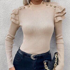 Apricot Casual Womens Mock Neck Button Detail Ruffle Trim Ribbed Knit Sweater